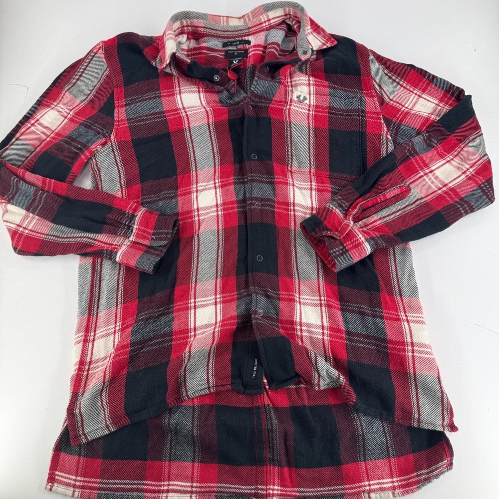 True Religion Shirt Red Black Plaid Long Sleeve MENS Loose Fit Cotton Twill MED